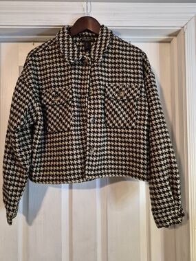 Christian Siriano Black & Cream Houndstooth  Cropped Wool Jacket Size Large